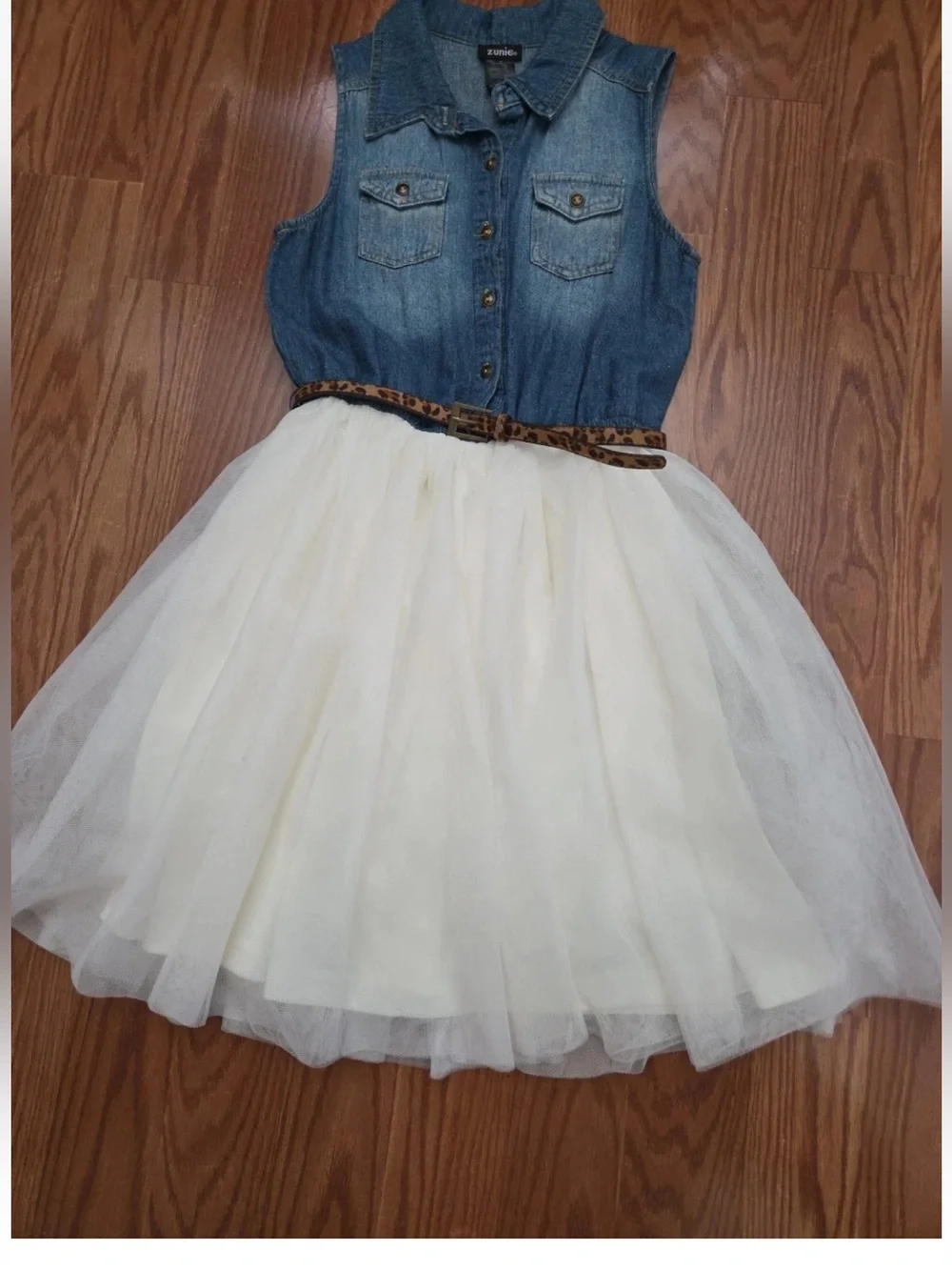 Zunie Blue Denim Bodice with Cream Tulle Skirt and Leopard Belt